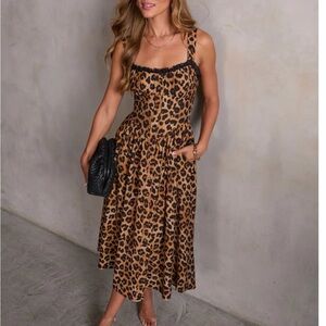 Vici Tan and Black Leopard Midi Dress